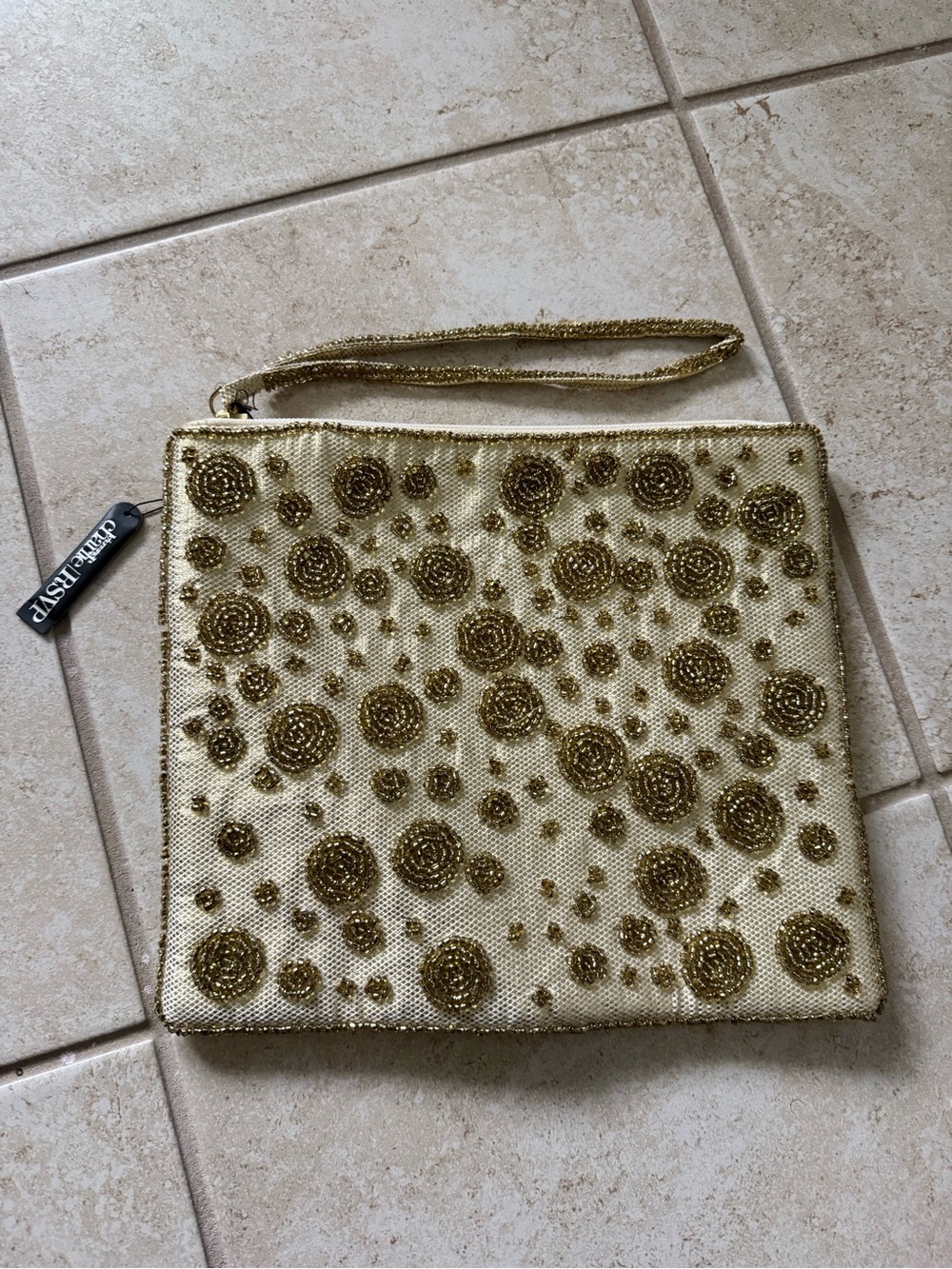 Charming Charlie RSVP Gold Beaded Floral Wristlet Clutch
